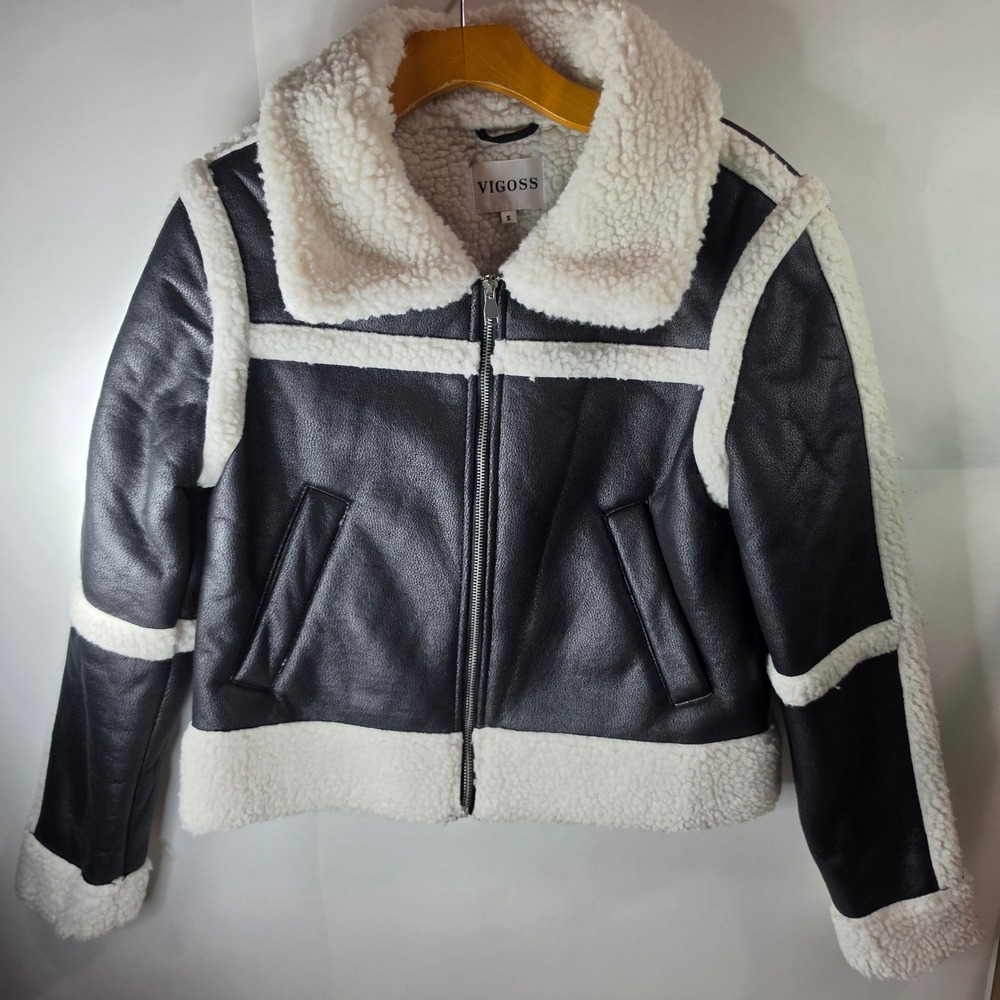 Vigoss Faux Leather Shearling Aviator Jacket Moto Cropped Sherpa Black S